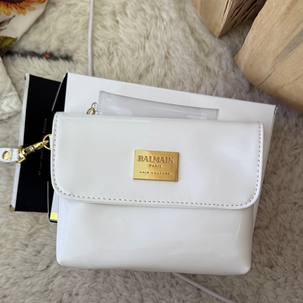Balmain Ivory white cosmetic makeup Bag with Gold logo